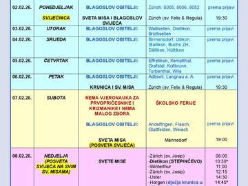 Liturgijski kalendar 02.02. - 08. 02. 2026.