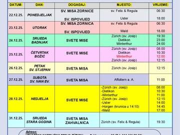 Liturgijski kalendar 22. - 31. 12. 2025.