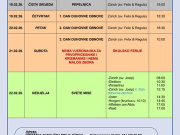 Liturgijski kalendar 16.02. - 22. 02. 2026.
