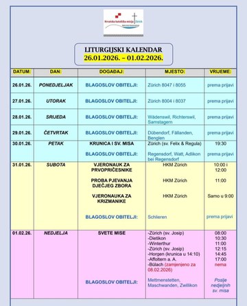 Liturgijski kalendar 26.01- .01. 02. 2026.