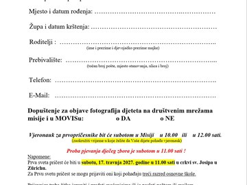 1. sveta Pričest 2027