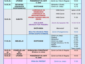 Liturgijski kalendar 11. - 25.05.2026